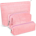 3 Pcs Puffy Makeup Bag Set Quilted Plush Emergency Pouch for Women Cute Checkered Travel Toiletry Bag Puffer Aesthetic Makeup Organizer Cosmetic Purse Pouch Preppy Pencil Case(Pink)