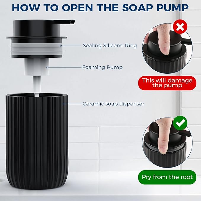 Ceramic Foaming Hand Soap Dispenser 2Pack，12 oz Bathroom Soap Dispensers， Lotion Dispenser for Kitchen, Refillable Matte Streaks Soap Dispenser with Large Pump (Black-2Pack)
