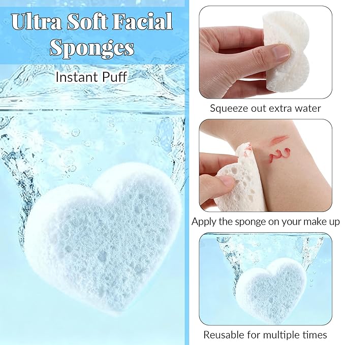 50-Count Heart Compressed Facial Sponges for Daily Cleansing and Gentle Exfoliating, 100% Natural Cellulose Spa Sponge Perfect for Removing Dead Skin, Dirt and Makeup (White)