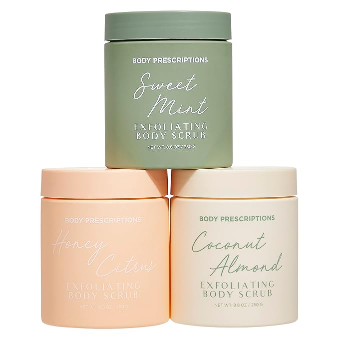 Body Prescriptions Exfoliating Body Scrub – Body Cleanser for Nourished, Ultra-Smooth Skin, Honey Citrus, Coconut Almond, and Sweet Mint