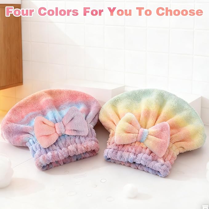 2PCS Super Absorbent Hair Towel Wrap for Wet Hair,Microfiber Hair Drying with Caps Bow Design,2026 New Fast Drying Hair Turban Wrap Towels Shower Cap for Girls and Women(Gradient Pink)