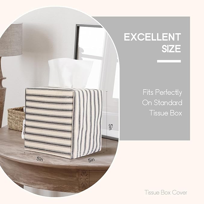 Tissue Box Cover, Fabric Tissue Box Holder Square, Stylish Toilet Paper Storage, Modern Bathroom Counter Organizer Decorations Accessories,Ticking Stripe 5''x5''x5'' (Pastel Grey)