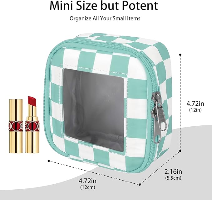 DOB SECHS Mini Checkered Bag for Purse 5.1'' x 5.1'' Small Makeup Bag for Car Cute Clear Cosmetic Bag with Zipper, Tiny Toiletry Bag Lipstick Organizer Pouch Travel Essential Storage Pouch, Mint Green