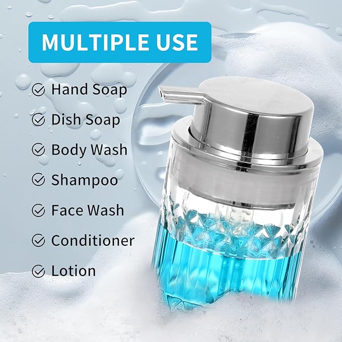 Foaming Soap Dispenser,2 Pack Clear Glass Foam Hand Soap Dispenser for Bathroom, Refillable 8 Fl Oz Foamy Pump Bottle with Large Sliver Pump,Vintage Dish Soap Foam Dispenser