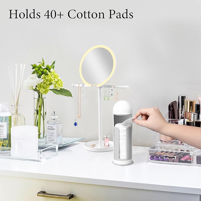 Cosmetic Cotton Pad Rounds Holder with Rotating Lid, Cotton Pads Dispenser Modern White Plastic Organizer Storage