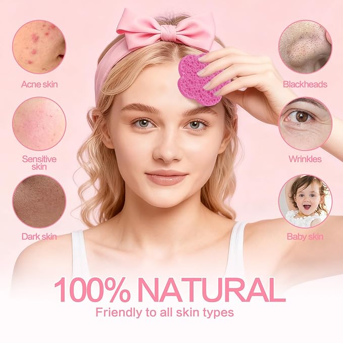 50-Count Facial Sponges Compressed Facial Sponges Natural Facial Cleansing Sponges Pads Cute Flower Shape Exfoliating Sponges for Cleansing Reusable,Best Makeup Gift, Pink