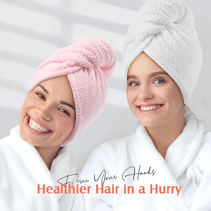 YFONG 2 Pack Microfiber Hair Towel Wrap for Women, Super Absorbent Quick Dry Hair Turban for All Hair Style Anti Frizz, Large Hair Drying Towel with Button