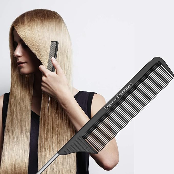 Professional 8.8 Inch Tail Comb - Black Carbon Fiber And Stainless Steel Pintail - Anti Static And Heat Resistant Teasing Lightweight Comb For All Hair Types