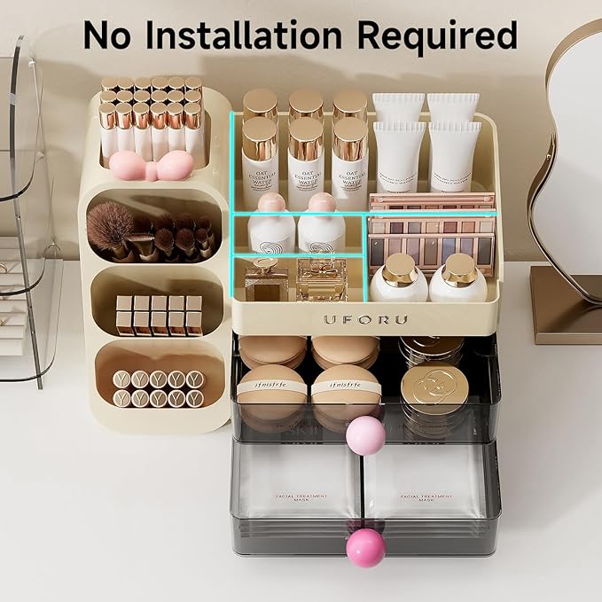 Makeup Organizer for Vanity with Brush Holder, Countertop Skincare Organizer with 2 Drawers, Spacious Cosmetic Display Case for Perfumes, Eyeshadow Palettes, Nail Polishes