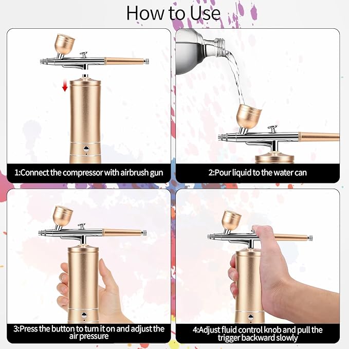 Airbrush Kit Air Brush Kit With Air Compressor Nail Charms Wireless Air Brush for Barber, Nail Art, Cake Decor, Makeup, Model Painting (Golden)