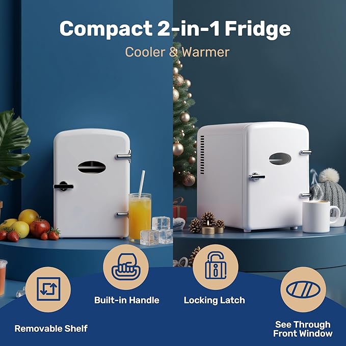 Simple Deluxe 9 Can 6L Mini Fridge with Clear Observation Window, Freon-Free Portable Compact Fridge, Cooler & Warmer for Drinks, Skincare, White