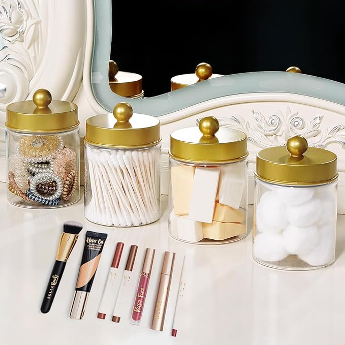 Amolliar Qtip Holder Dispenser -8oz Plastic Apothecary Jar Containers for Vanity Makeup Countertop Organizer Storage -Bathroom Canister Accessories Set for Cotton Swab, Ball, Pads, Floss-Gold (2)