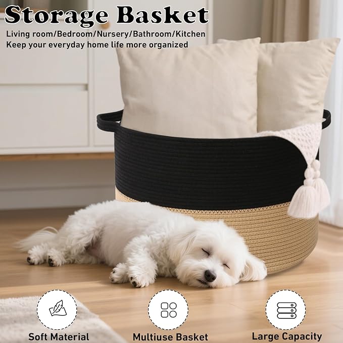 115L Large Blanket Basket,23.6" L x 23.6" W x 15.7" H Rope Woven Baskets with Handles, Toys Storage Bins,Laundry Basket Perfect for Living Room, Nursery,Bedroom,Home Organization,Black&Camel