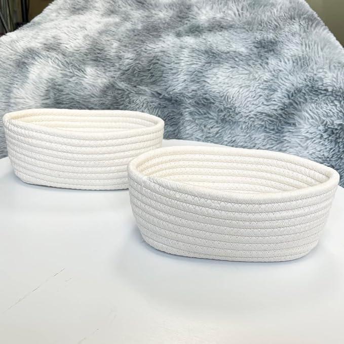 【2 Pack】 ABenkle Small Storage Baskets, Natural Cotton Rope Woven Baskets for Organizing, Tiny Oval Storage Easter Baskets, Small Basket, Cat Dog Toy Baskets, Bathroom Organization Bin