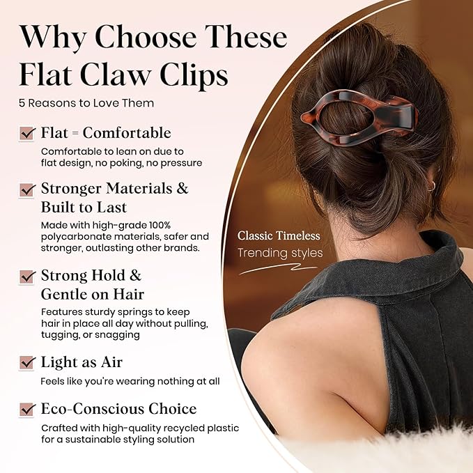 4 PCS Large Flat Hair Clips for Women Girls, French Concord Lay Down Claw Clips Strong Hold for Thick Thin Hair, Comfortable Curved Flat Clip, Leopard Print Stylish Hair Accessories, Tortoise