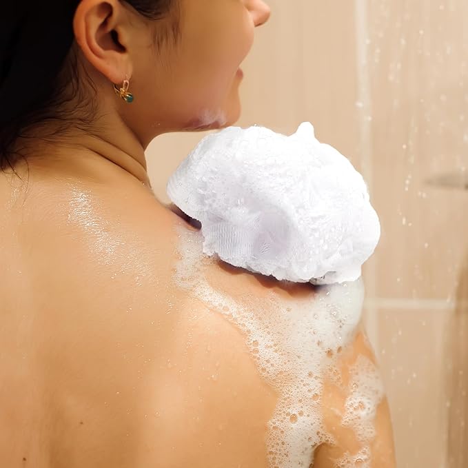 12 Pcs Travel Size Loofah Individually Wrapped, Small Shower Puff Bath Sponge Pouf Ball Bulk Mesh Bath Puff Mini Loofah Sponge with Case Bulk for Shower Care (50g,White)