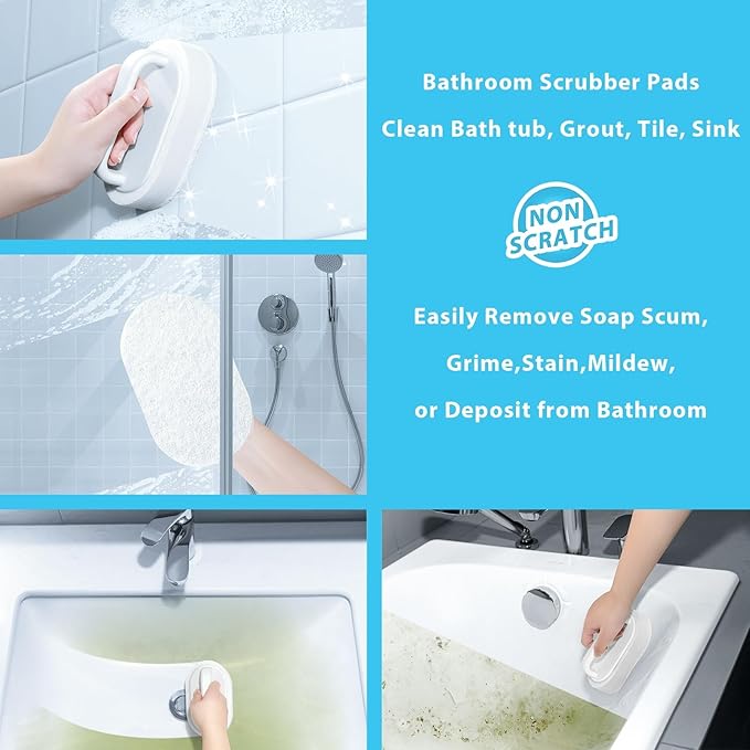 Handle Bath Tub Scrubber, Non Scratch Bathroom Scouring Pad, Bathtub Scrubber Soap Scum Remover for Shower Tile Grout Sink Pool Step & Corner, Heavy Duty Cleaning Sponge Scrub, 2 PCS