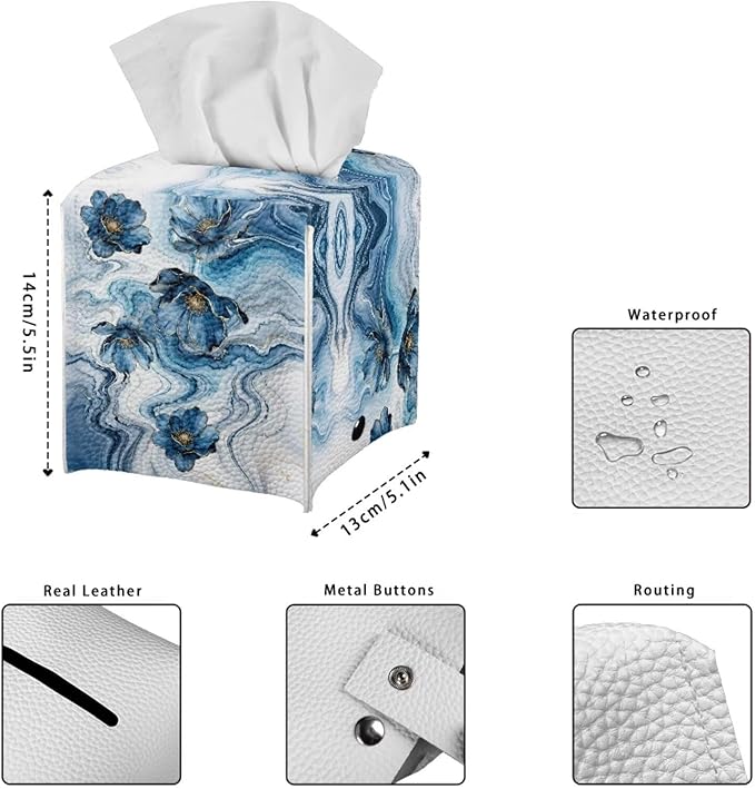 Blue Marble Flower Tissue Box Holder Waterproof PU Leather Square Modern Tissue Box Cover with Metal Button Napkin Holder for Home Office Car