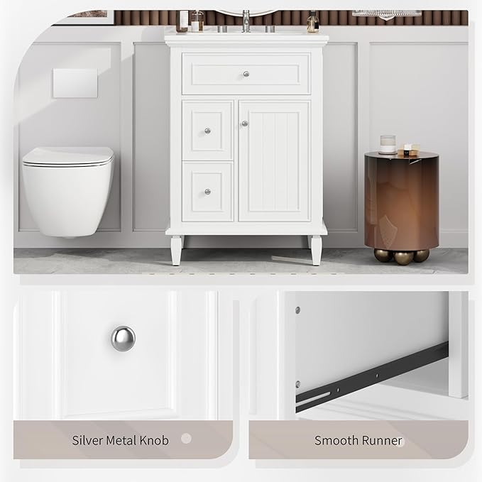 Harper & Bright Designs 24" Bathroom Vanity with Sink, Free Standing Single Basin Vanity Set with Tip-Out Drawer, 2 Drawers, and One Door, Wood Bathroom Cabinet with Ceramic Basin for Bathroom, White