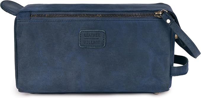 LEATHER VILLAGE Genuine Leather Travel Toiletry Bag - Water-Resistant Dopp Kit for Toiletries, Large Shaving Bag & Bathroom Organizer - Gift for Men & Women - Royal Blue