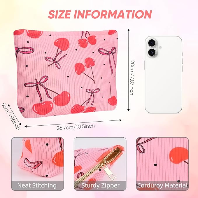 Cute Cherry Makeup Pouch for Women Small Make Up Bag for Purse Zipper Initial Makeup Cosmetic Bags Pouches for Purse Aesthetic Travel Toiletry Bags, Red Cherries Bows