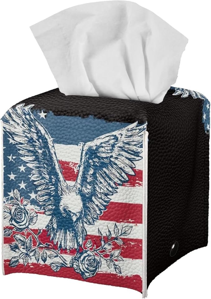 American Flag Eagle Tissue Box Holder Waterproof PU Leather Square Modern Tissue Box Cover with Metal Button Napkin Holder for Home Office Car