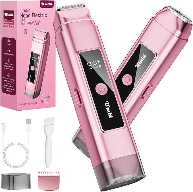 Electric Bikini Trimmer for Women: IPX7 Waterproof Dual Head Cordless Electric Shaver for Women with LED Display & 0.5mm Ceramic Blades for Pubic Hair, Face, Legs - Rose Pink