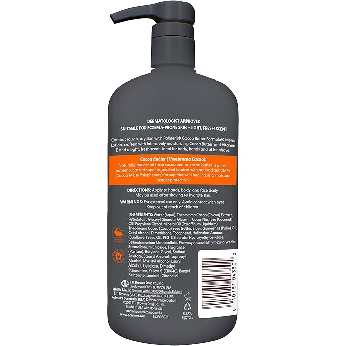 Palmer's Cocoa Butter Formula Men's Face Moisturizer & Body Lotion for Dry Skin, 33.8 oz, 3-in-1 Fast Absorbing Lotion for Men, 48-Hr Hydration with Vitamin E, Soothes Dryness, Dermatologist Approved