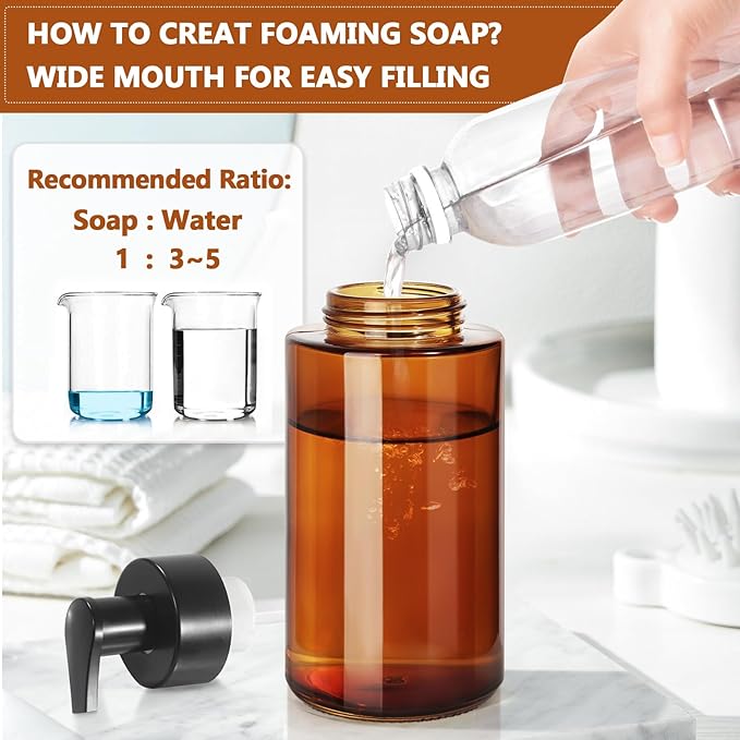 Amber Foam Soap Dispenser, 10 oz/300ml Glass Foaming Soap Dispenser, 4 Pcs Foaming Hand Dispenser for Bathroom & Kitchen, Refillable Bottle with Waterproof Labels