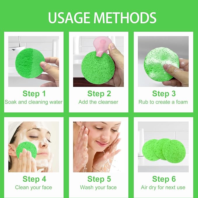 50-Count Large Compressed Facial Sponges for Estheticians, Daily Cleansing and Gentle Exfoliating- 100% Natural Cellulose Spa Sponge Perfect for Removing Dead Skin, Dirt and Makeup (Round 2.95",Green)