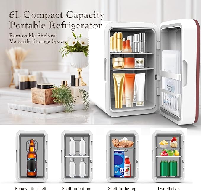 Mini Fridge for Bedroom, 6L Skincare Fridge with LED Mirror for Dorm & Office, Portable Cooler & Warmer Small Compact Refrigerator for Skincare, Makeup and Cosmetics