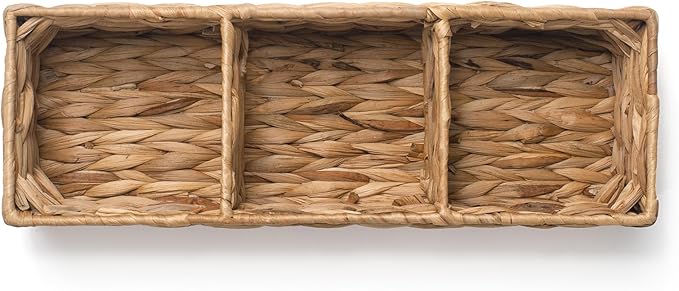 Wicker Bathroom Basket with 3 Compartments, Water Hyacinth Toilet Tank Basket, Woven Storage Box for Bathroom Organizer (14.6 x 4.7 x 3.1 inch)