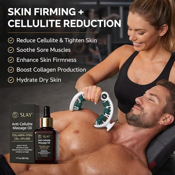 SLAY' Anti Cellulite Massage Roller & Body Oil Bundle, Lymphatic Drainage Roller, Cellulite Remover for Legs and Arms, Deep Tissue Massage Relief, Self Care Gifts, Womans Gifts