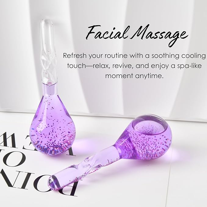 Facial Ice Globes, Cryo Cooling Balls with Anti-Slip Handle for Face, Eyes & Neck, Relaxing Beauty Massage Tool for Soothing and Refreshing Skincare Routine, Glitter Purple