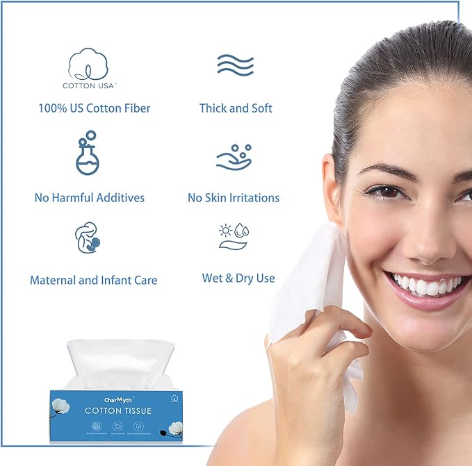 Extra Thick Disposable Face Towel, Disposable Makeup Removing Wipes, 100% USA Cotton and 100% Organic & Cruelty Free, Lint-Free Cotton Tissues for Sensitive Skin