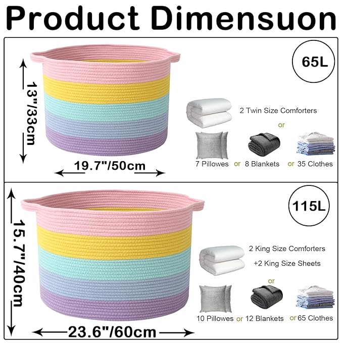 65L Large Blanket Basket,19.7" L x 19.7" W x 13" H Rope Woven Baskets with Handles, Toys Storage Bins,Laundry Basket Perfect for Living Room, Nursery,Bedroom,Home Organization,Colorful