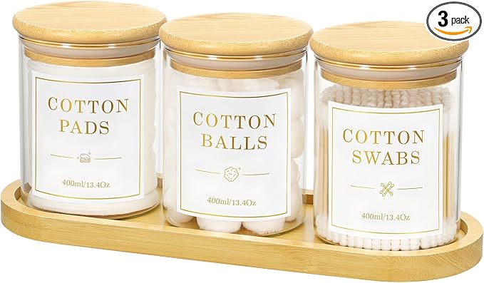 Luxspire Glass Qtip Holder with Vanity Tray, 3 Pack Cotton Swab Holder with Bamboo Lid, 13.4 oz Glass Apothecary Jars Bathroom Accessories Canisters for Cotton Swabs, Balls, Pads, Floss Picks