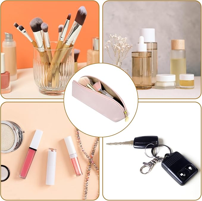Prasacco Leather Makeup Brush Bag With Zipper, Portable Travel Cosmetic Organizer Case, Compact Toiletry Pouch For Daily Work Essentials