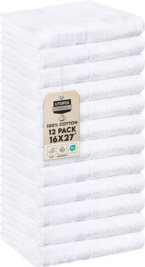 Utopia Towels, Salon Towel, Pack of 12, 16 by 27 Inches, Highly Absorbent Cotton Towels for Hand, Gym, Beauty, Spa, and Home Hair Care, White