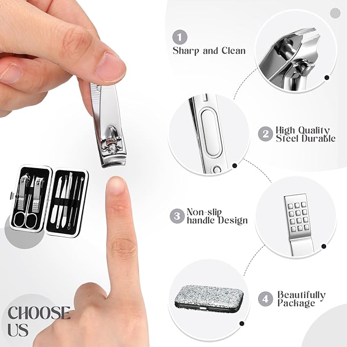 Geosar 12 Set 8 in 1 Manicure Set Stainless Steel Nail Clippers Kit Pedicure Care Tools with Leather Case Travel Grooming Kit Gift for Women Men Gift(Glitter Silver)