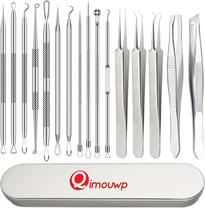 Pimple Popper Tool Kit, 16 Pcs Blackhead Remover Tools, Professional Tweezers Set Comedone Extractor Acne Tool for Zit Blemish Whitehead Cyst Eyebrows Removal, Beauty Tools for Face