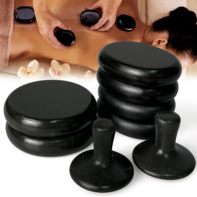 Hot Stones for Massage-6 Large Essential Basalt Massage Stones Set (3.15in) with 2 Mushroom Shape Gua Sha Facial Tools, Massage Tools for Professional or Home SPA, Relaxing, Pain Relief