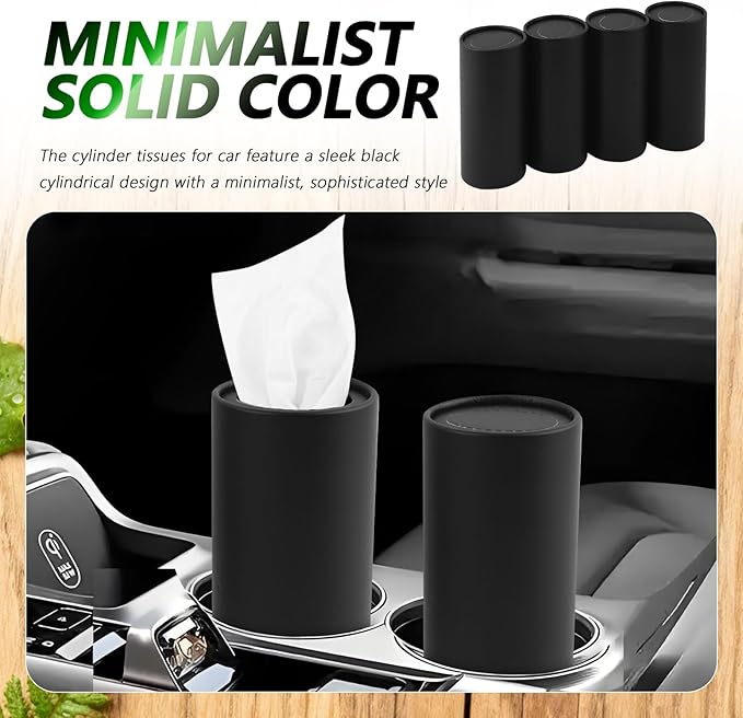 4PCS Car Tissue Holder,Pull Out Minimalist Car Tissues Cylinder with 30-Count Facial Tissue Per Box,Portable Cup Holder Tissues for Cars as Cars Trash Can/Coin Holders (Black)