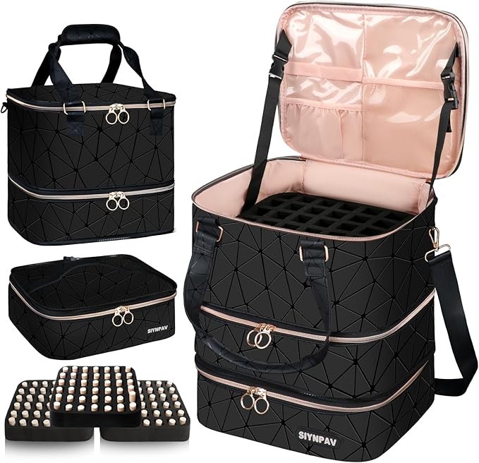 Nail Polish Organizer Bag Holds 126 Bottles (15ml/0.5fl.oz)& Nail Lamp, 3 Layers Detachable Nail Kit Storage Case PU Leather, Large Travel Nail Supplies Shoulder Bag for Manicure Tools (Black)