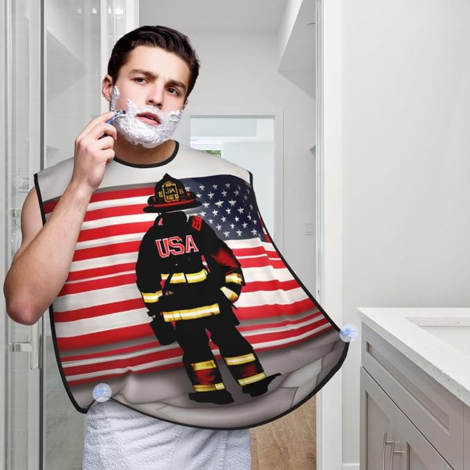 Red Stripe Firefighter Usa Flag Print Beard Bib Apron For Men, Beard Hair Catcher For Men Shaving Trimming,Beard Cape Cloth, Black