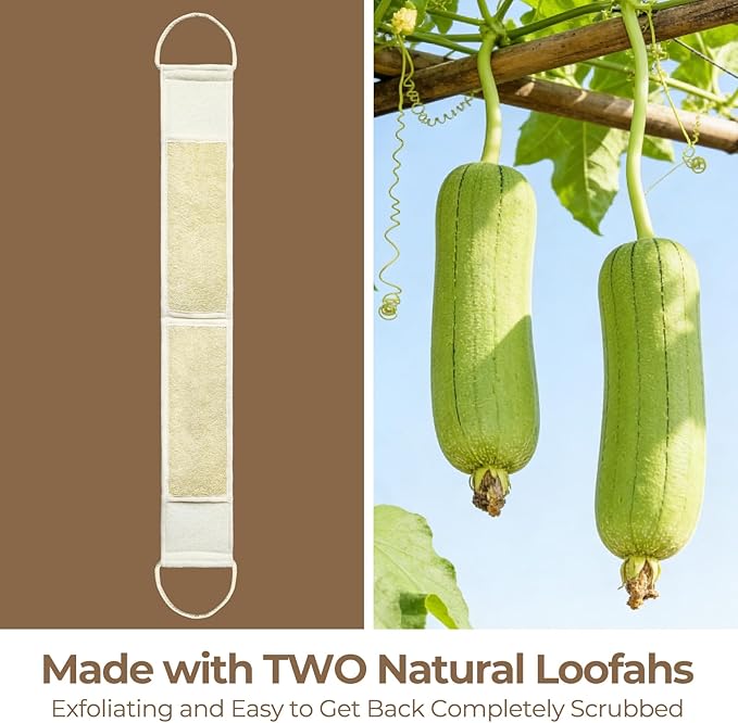 Natural Loofah Back Scrubber, Double-Sided Exfoliating Body Scrubber with Handy Strap for Deep Cleaning, Durable Bath Shower Luffa Sponges for Men and Women (Beige)