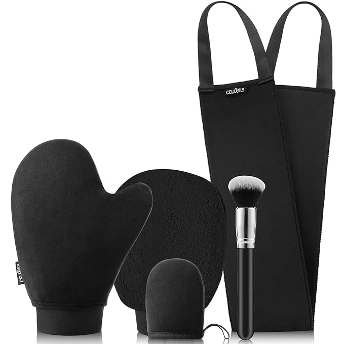 5-in-1 Self Tanner Mitt Applicator Kit - Professional Self Tanning Mitt Back Applicator, Mini Mitt, Brush and Exfoliator，No Streaks, No Orange Palms, Double-Sided Washable Tanning Gloves Set