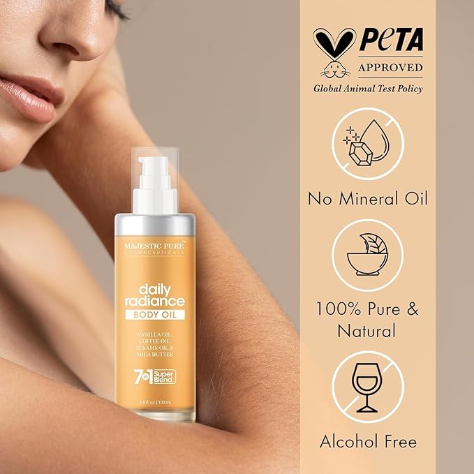 Majestic Pure Vanilla Body Oil - 100% Pure & Natural with Shea Butter, Coffee, Sesame Oils- After Shower Body Oils for Women and Men - Scented, Radiant, Firming Massage Oil - 3.4 Fl Oz