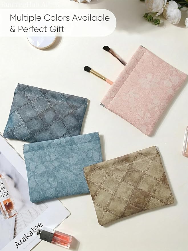 Denim Brown PU Leather Makeup Pouch Set for Women Small Checkered Make Up Bag for Purse Waterproof Initial Makeup Cosmetic Bags Pouches for Purse Aesthetic Travel Toiletry Bag,