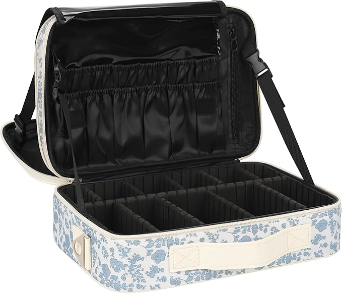 Relavel Large Makeup Bag, Cute Cosmetic Bags for Women and Girls Travel Makeup Organizer Bag Train Case 13.8 inches Makeup Brush Holder and Storage with Adjustable Dividers, Floral Print